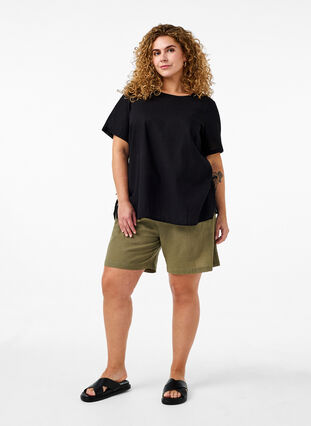 Short-sleeved blouse in a cotton blend with linen and lace detail, Black, Model image number 3