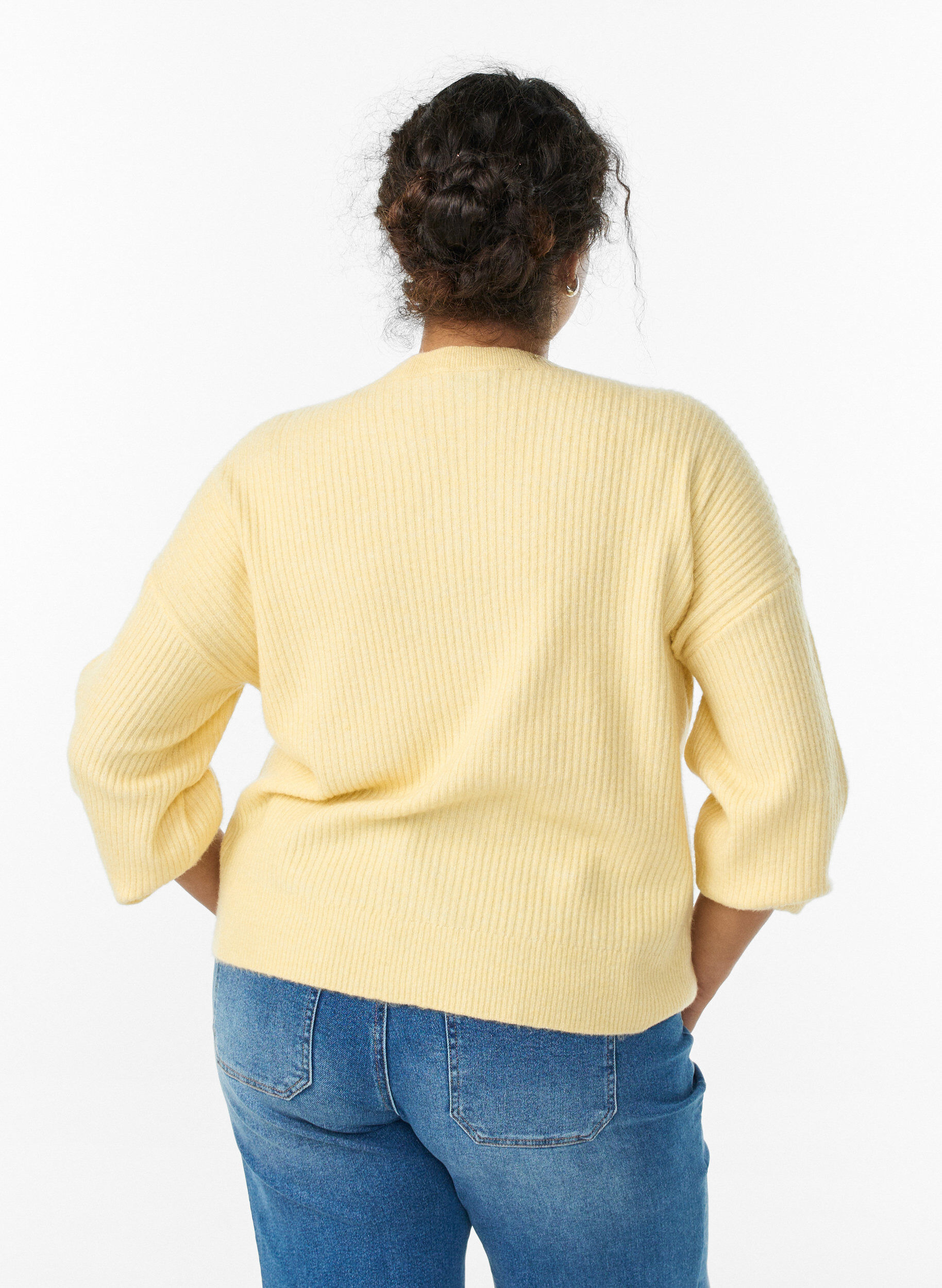 ZizzifashionRibbed cardigan with buttons, Yellow, Model image number 2