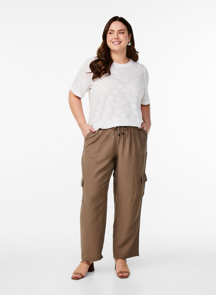 Short-sleeved blouse with rose patterned texture, White, Model image number 1