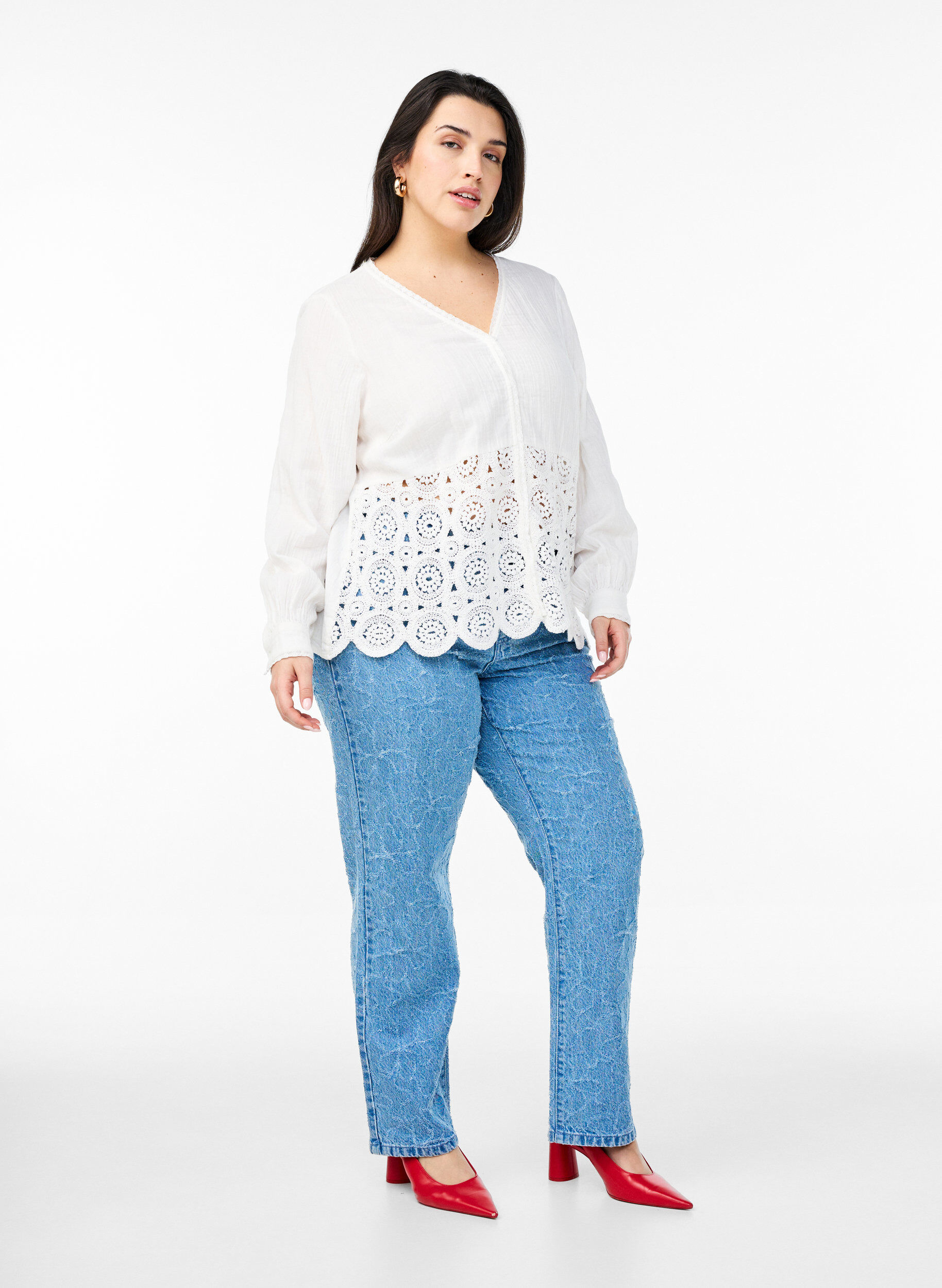 Zizzifashion Cotton muslin shirt blouse with crochet details, Vanilla, Model image number 1