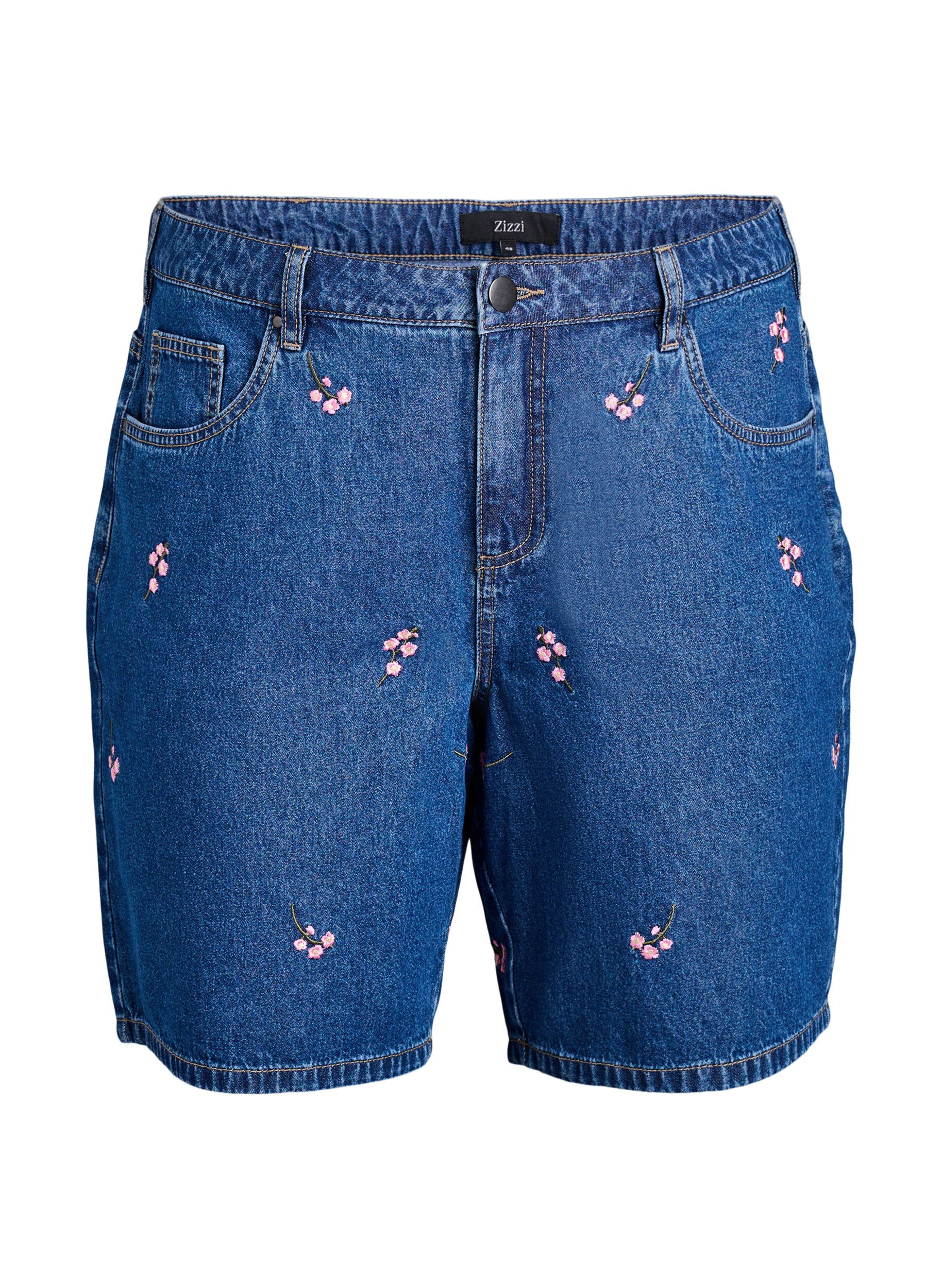 Zizzifashion Denim shorts with embroidered flowers, Blue, Packshot image number 0