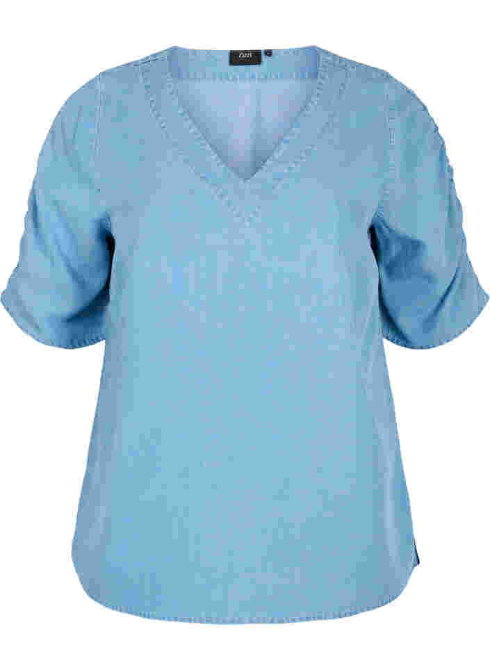 Blouse with draped sleeves, Light blue denim, Packshot image number 0