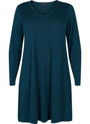 Knitted dress with v-neck in a cotton blend, Reflecting Pond, Packshot image number 0