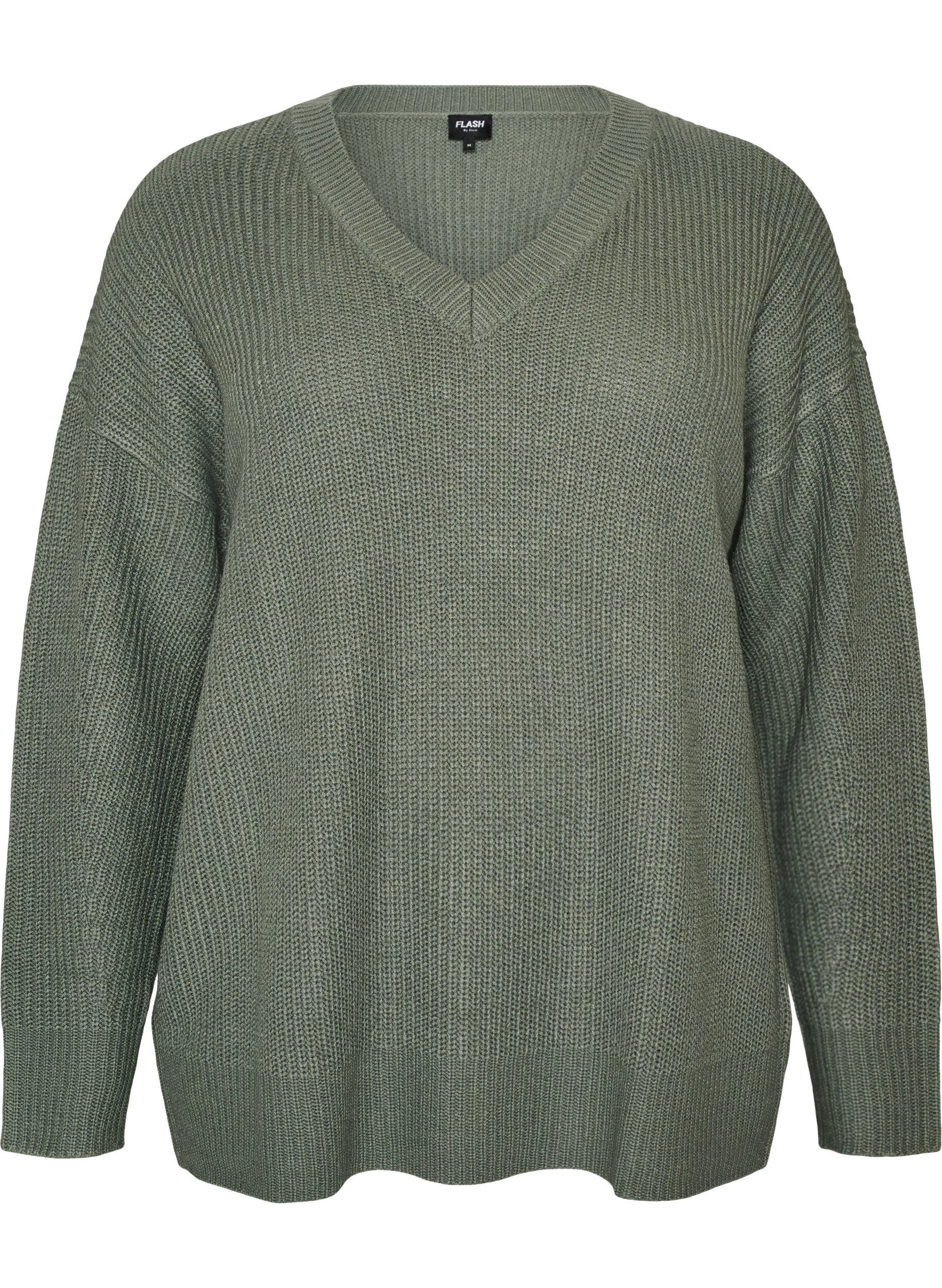 ZizzifashionLong rib-knit blouse with a V-neck, Green, Packshot image number 0