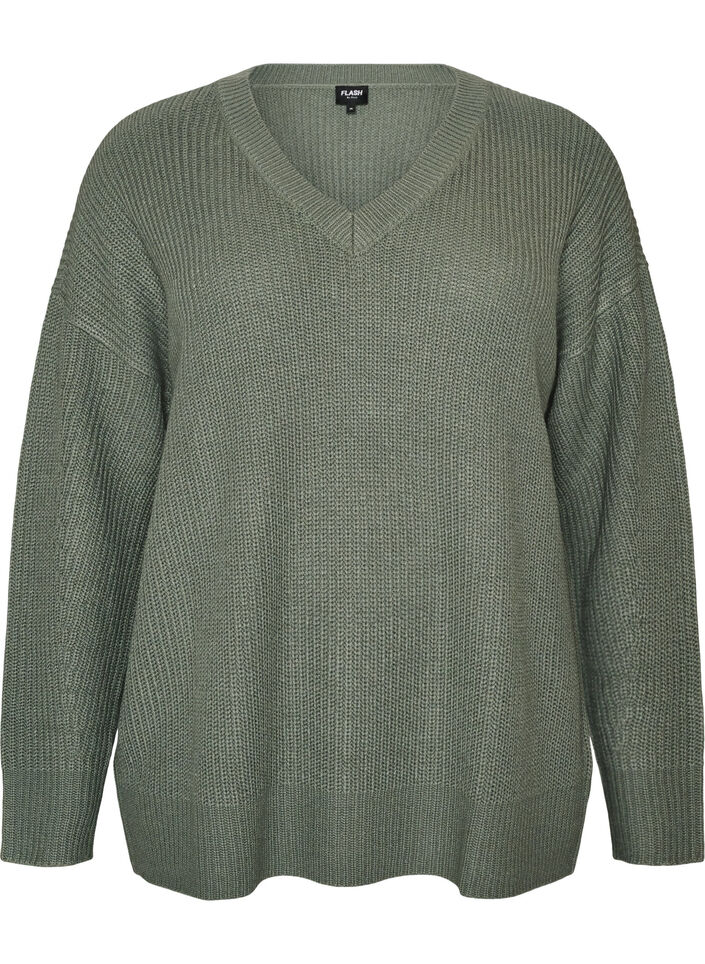 Long rib-knit blouse with a V-neck, Green, Packshot image number 0