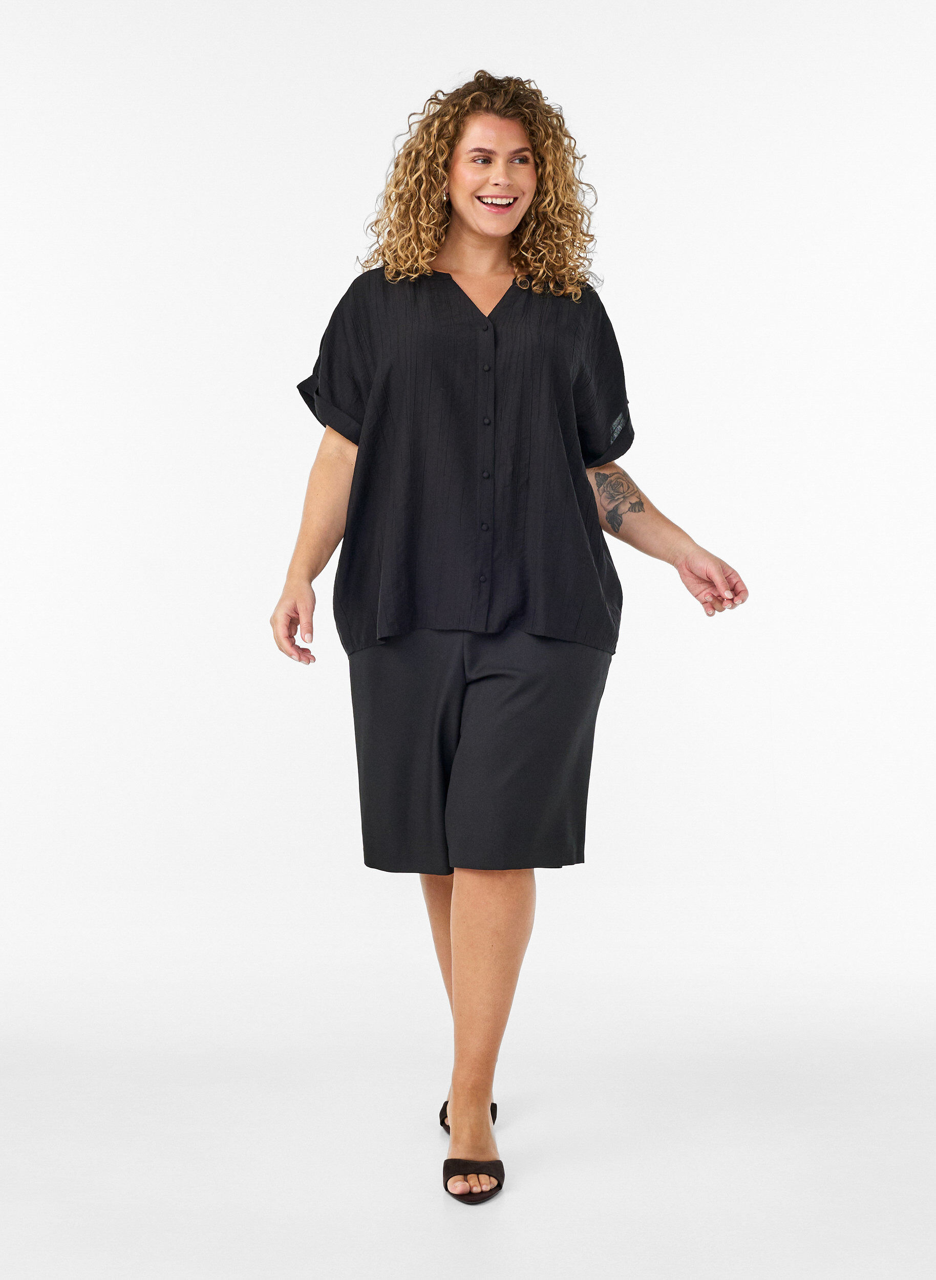 ZizzifashionViscose blouse with buttons and texture, Black, Model image number 1