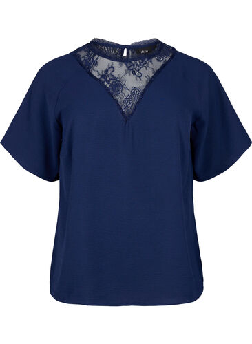 Short-sleeved blouse with lace , Navy Blazer, Packshot image number 0