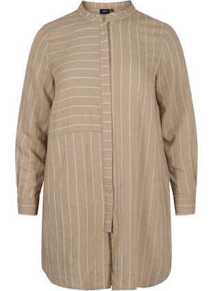 Long striped shirt in a viscose mix, Timber Wolf/White, Packshot image number 0