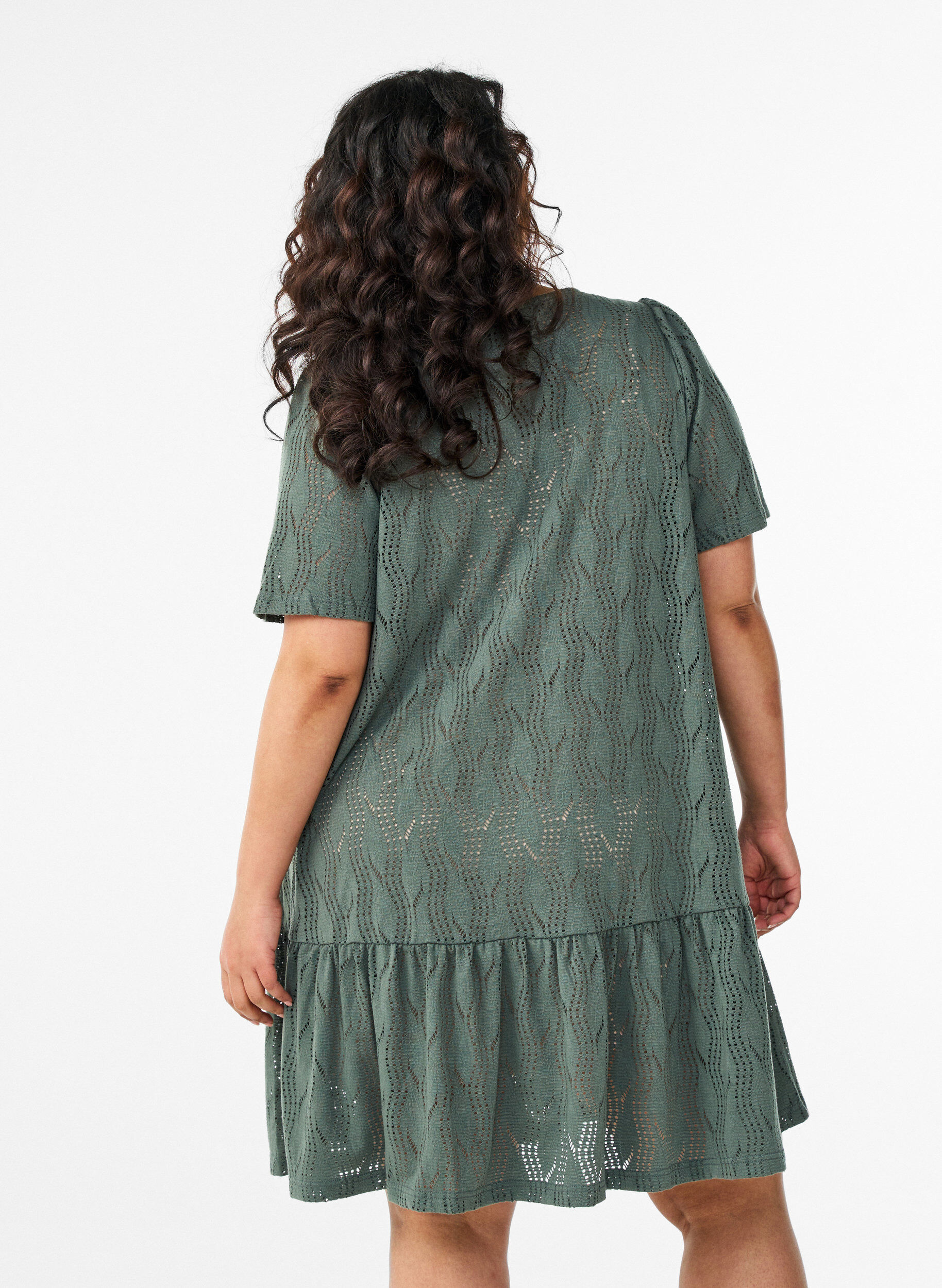 Zizzifashion Short jersey dress with eyelet embroidery, Green, Model image number 2
