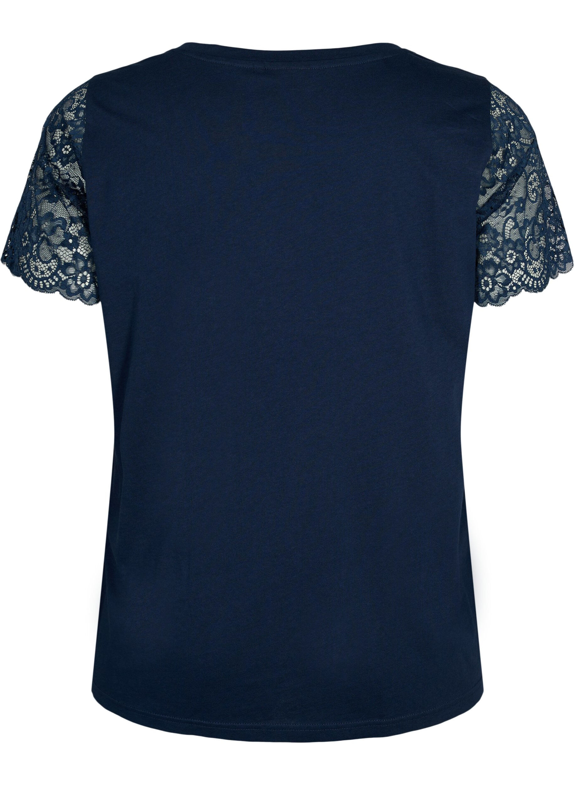 Zizzifashion Cotton t-shirt with short lace sleeves, Blue, Packshot image number 1