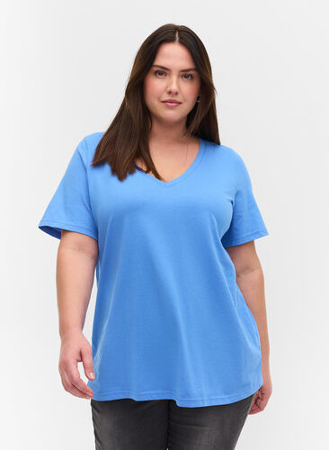 Organic cotton T-shirt with V-neckline, Ultramarine, Model image number 0