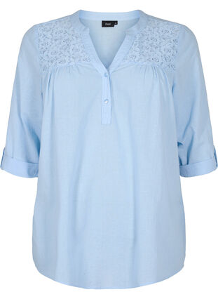 Cotton blouse with lace details, Chambray Blue, Packshot image number 0