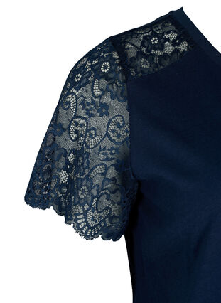 Cotton t-shirt with short lace sleeves, Navy Blazer, Packshot image number 3