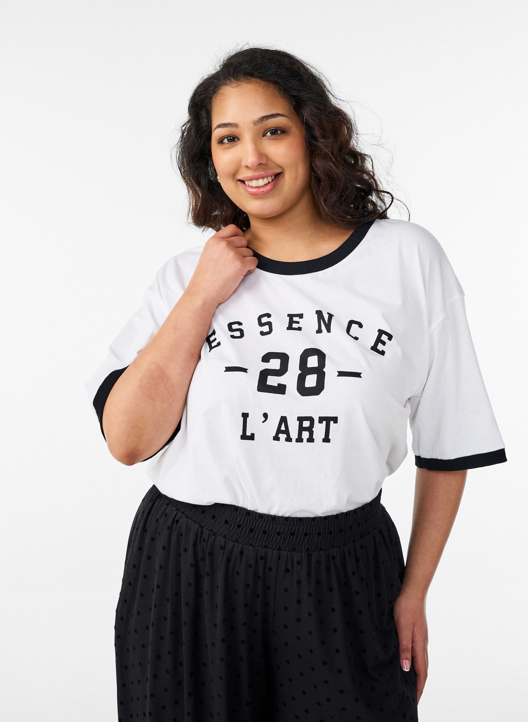 Cotton T-shirt with text print and boxy fit, White, Model