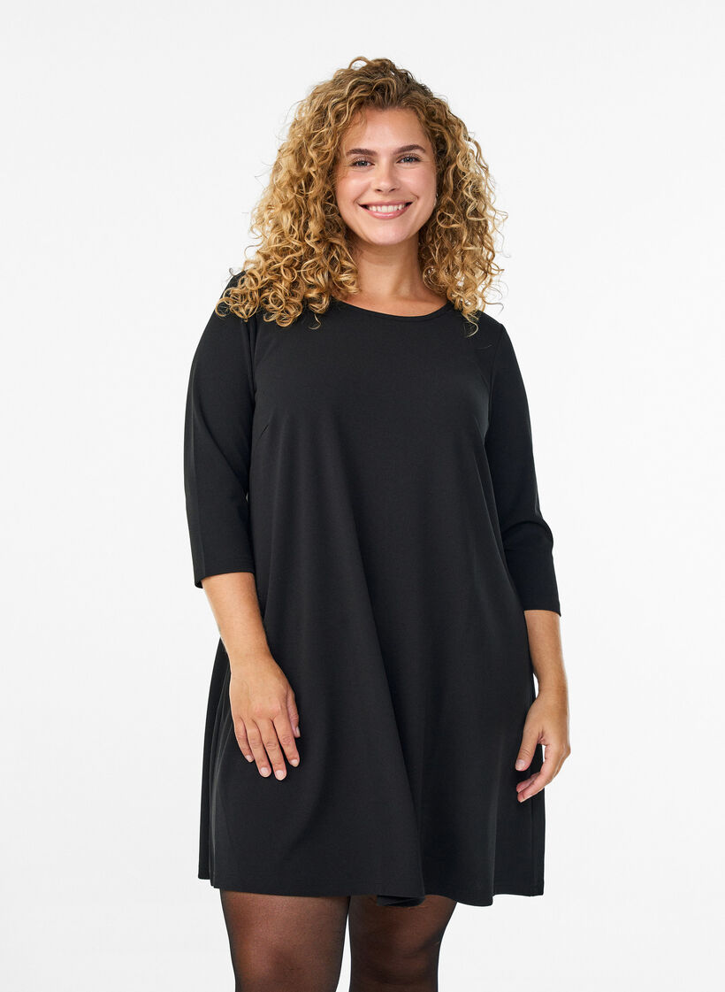 Short A-line dress with 3/4 sleeves, Black, Model image number 0