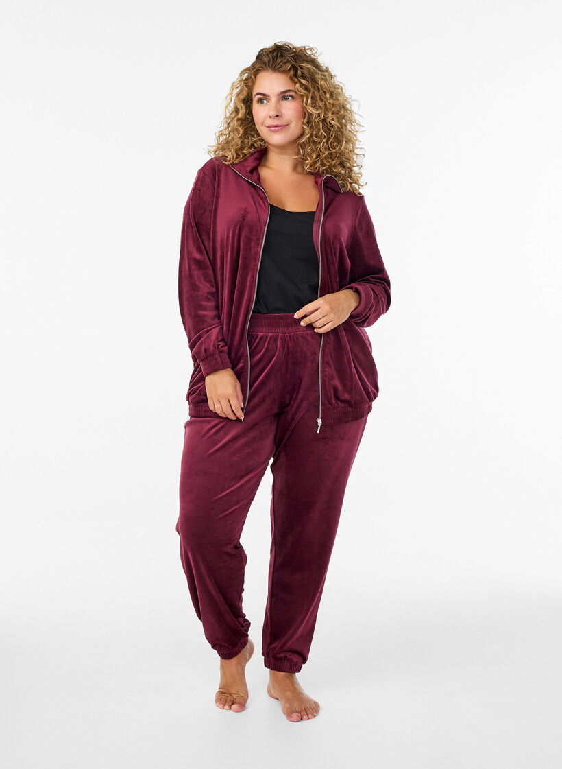 Velour cardigan with zipper and high collar, Dark Bordeaux, Model image number 1