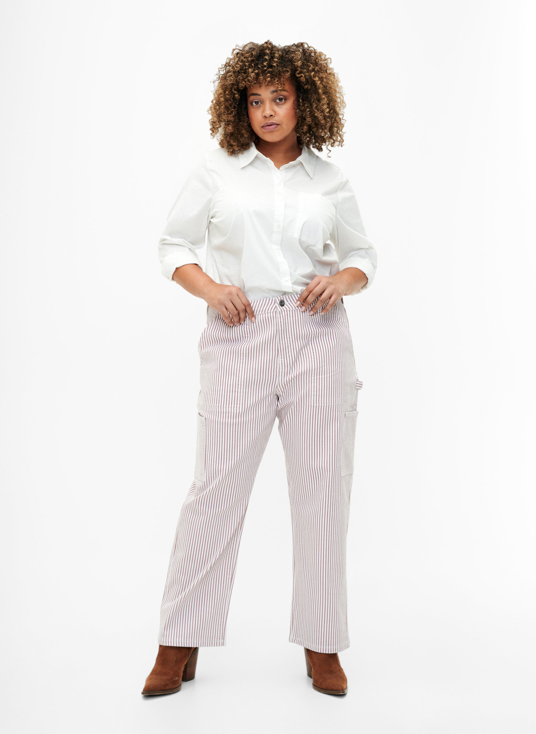 Zizzifashion Striped cargo jeans with a straight fit, Rose White Stripe, Model image number 0