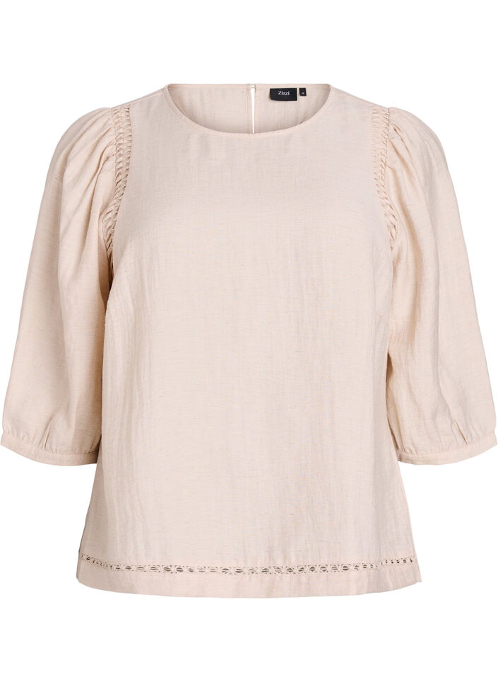 Viscose blend blouse with linen and gathered shoulders, Coral, Packshot image number 0