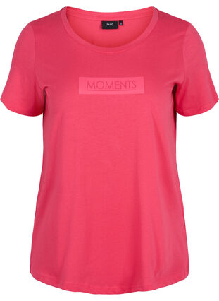 Short-sleeved cotton t-shirt with a print, Raspberry TEXT, Packshot image number 0