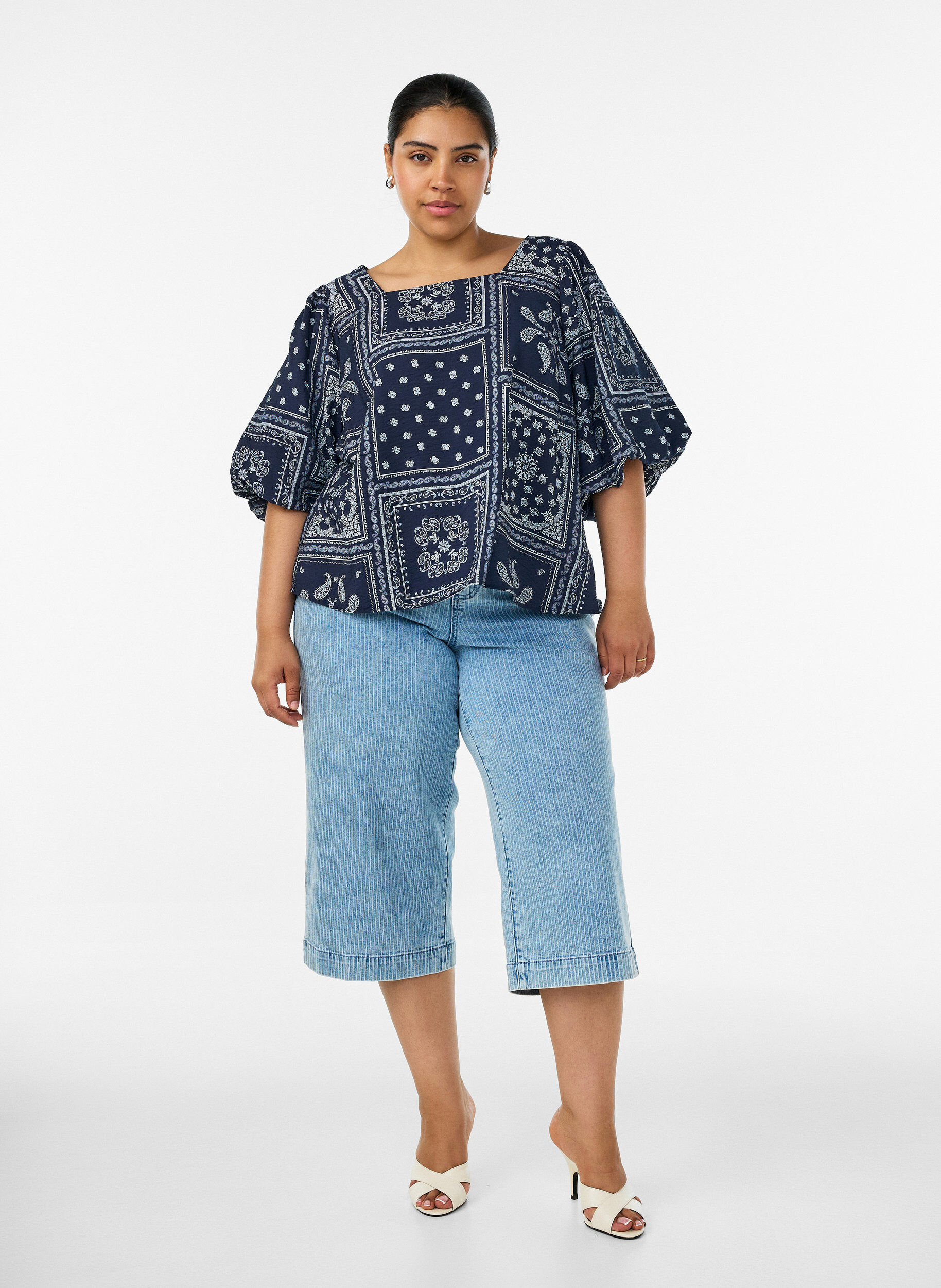 ZizzifashionViscose blouse with paisley print and balloon sleeves, Blue, Model image number 1