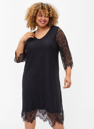 Lace Dress with 3/4 sleeves, Black, Model image number 2