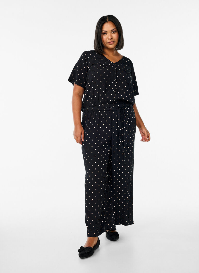 Polka dot jumpsuit with short sleeves, Black, Model image number 0