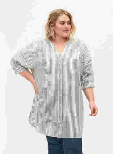 Striped tunic with v neck and buttons, Balsam Green Stripe, Model image number 0