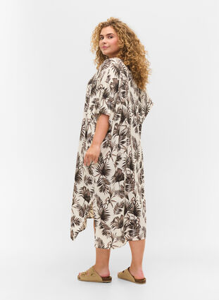 Printed caftan viscose dress, Beige Leaf, Model image number 1