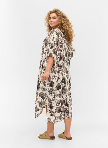 Printed caftan viscose dress, Beige Leaf, Model image number 1