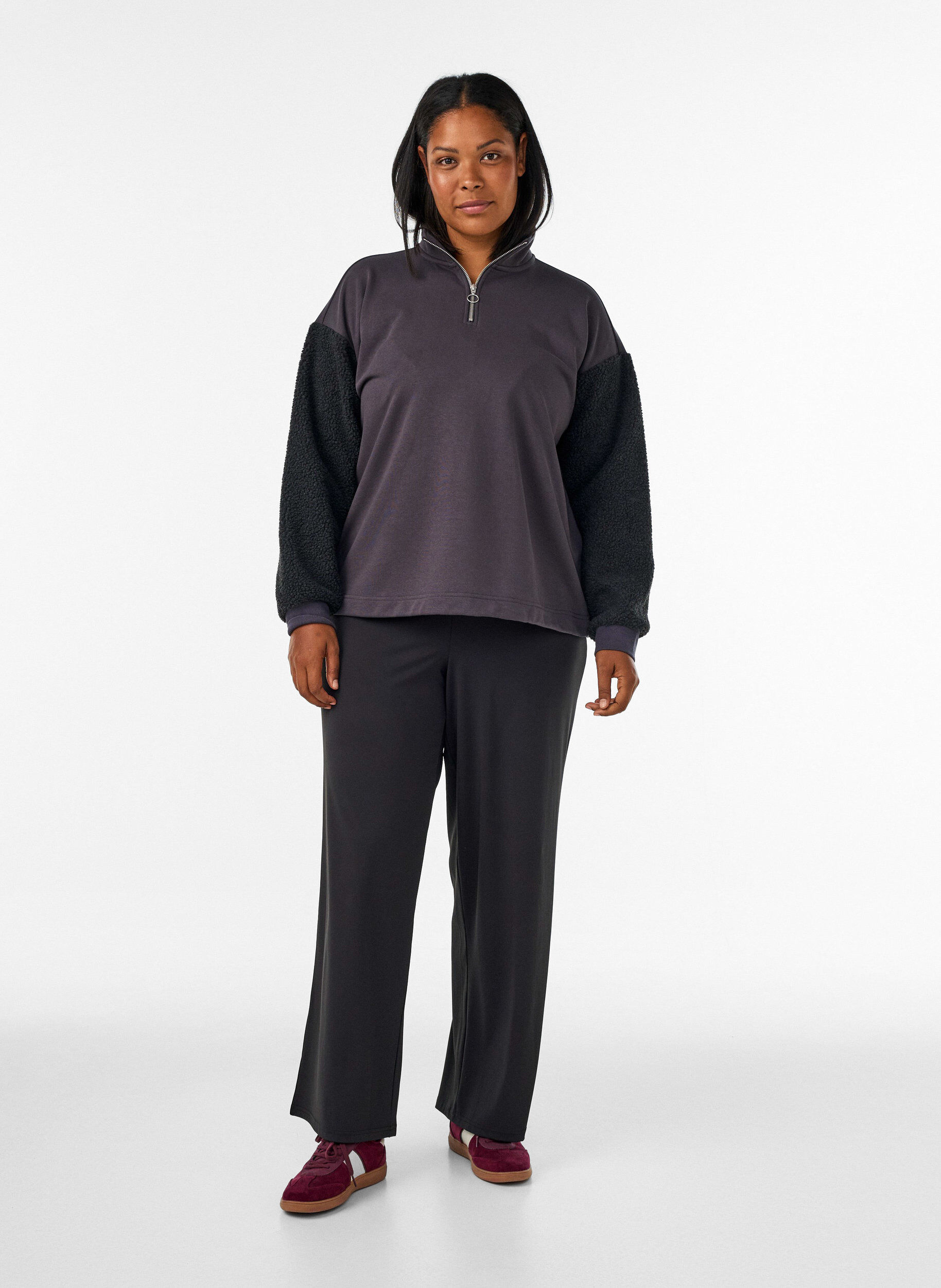 ZizzifashionSweatshirt with teddy sleeves and a high neck, Dark Grey, Model image number 1