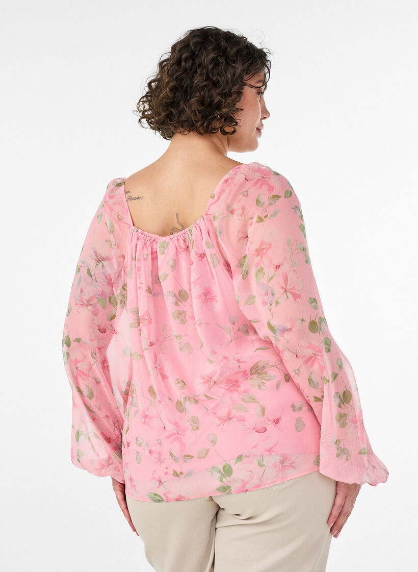 Chiffon blouse with floral print and long sleeves, Rose, Model image number 2