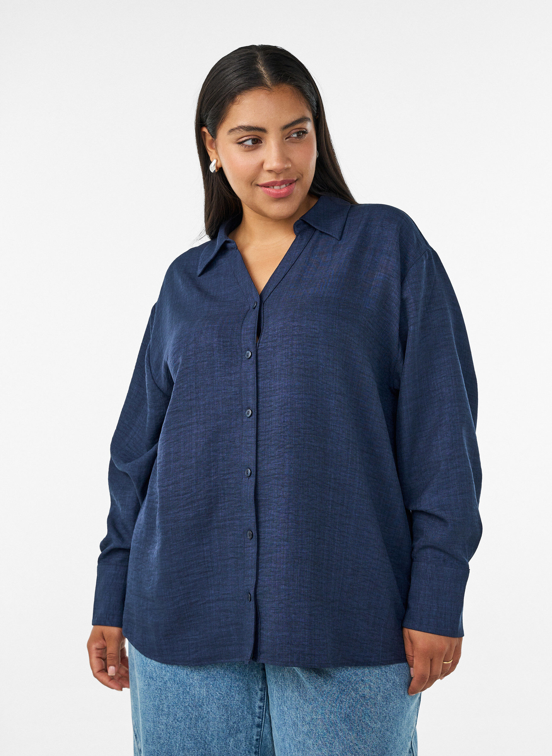 ZizzifashionLoose shirt with V-neck, Blue, Model image number 0