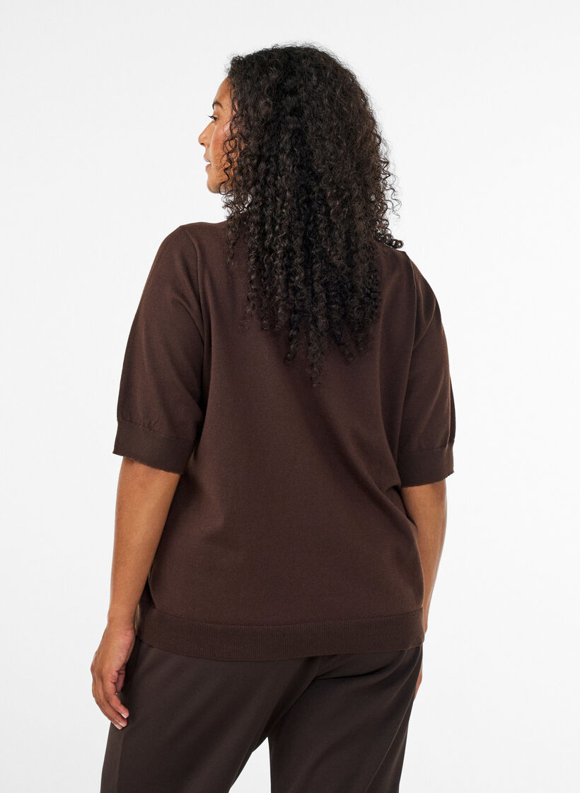 Fine-knit blouse with short sleeves, Brown, Model image number 1