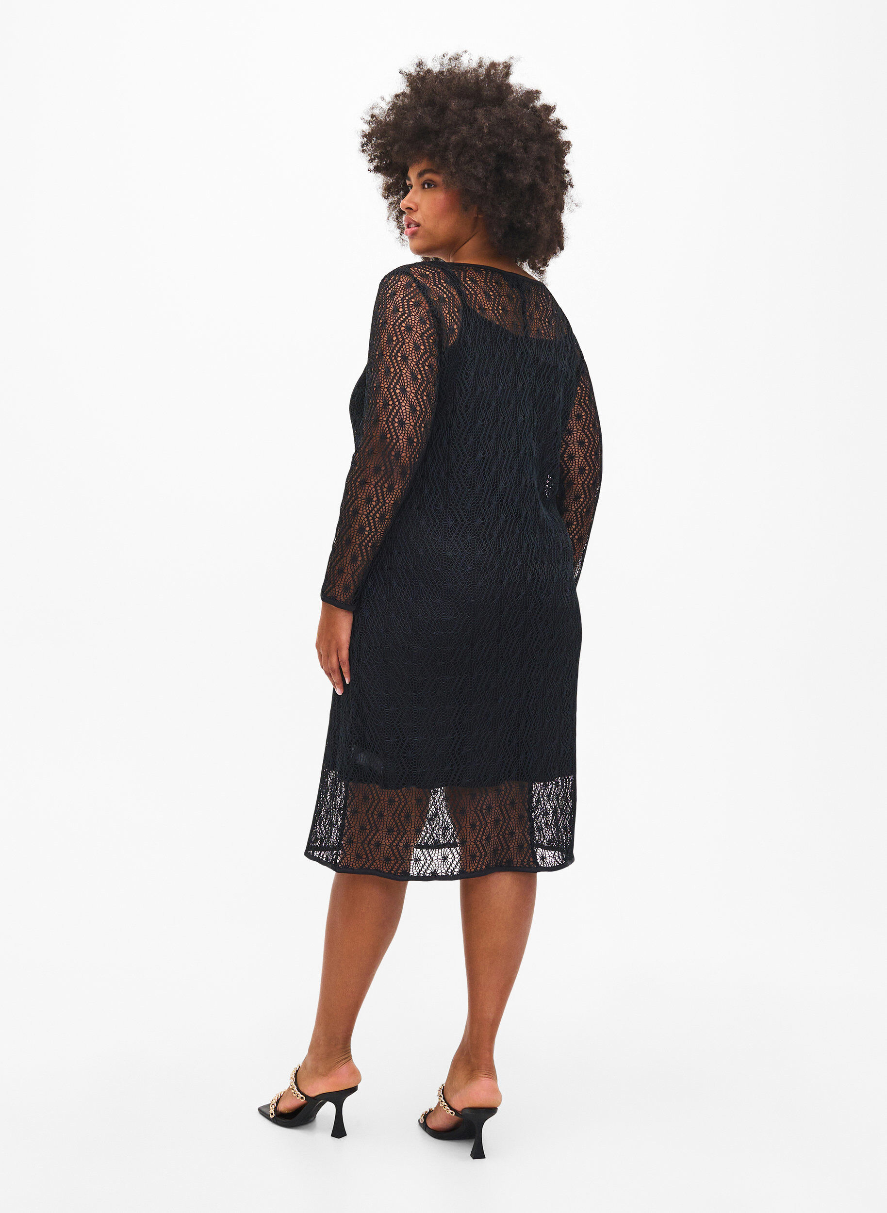 Zizzifashion Crochet dress with long sleeves, Black, Model image number 1