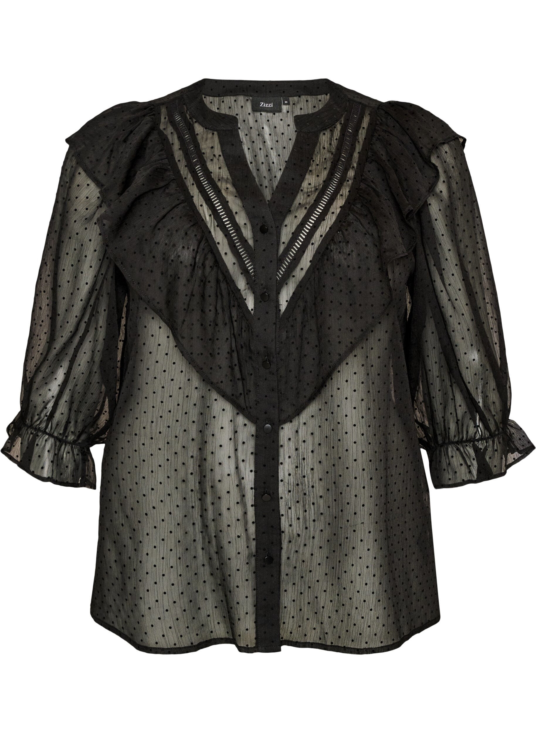 ZizzifashionSheer shirt blouse with dots and ruffle details, Black, Packshot image number 0