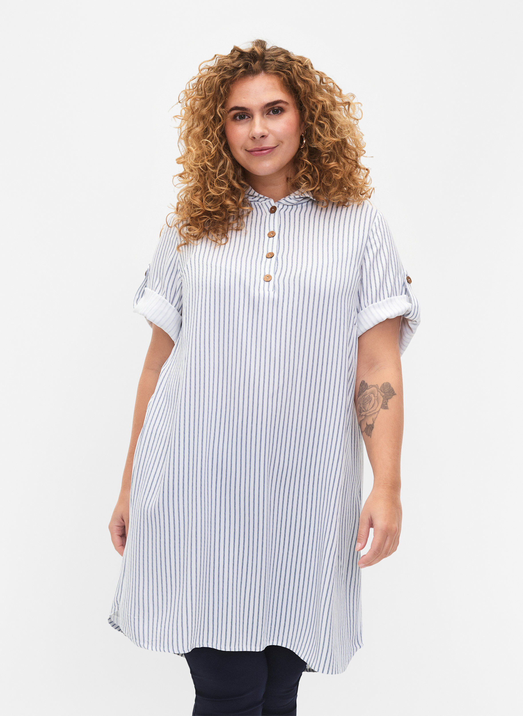 Zizzifashion Short-sleeved viscose tunic with hood, Blue White Stripe, Model image number 0
