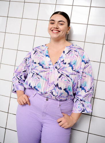 Printed blouse with 3/4 sleeves, Blue Lilac AOP, Image image number 0