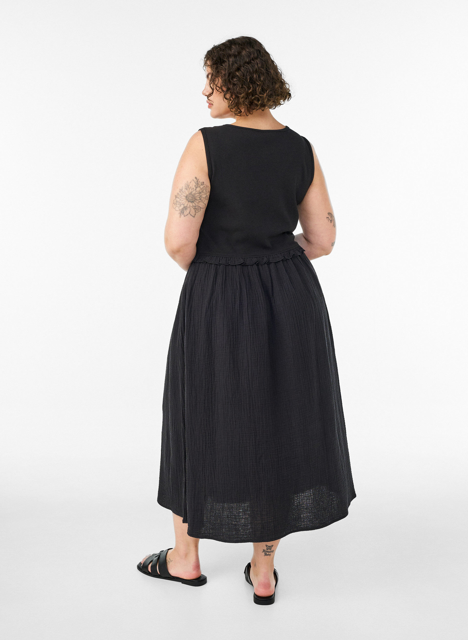 ZizzifashionSleeveless cotton midi dress with rib and muslin, Black, Model image number 1
