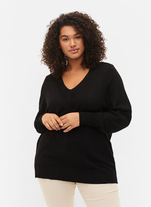 Viscose knitted top with v-neckline, Black, Model image number 0