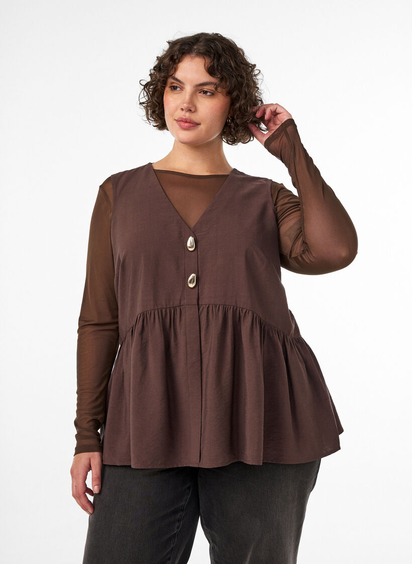Sleeveless peplum blouse with decorative buttons, Brown, Model image number 0