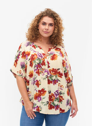 Floral viscose blouse with short sleeves, Buttercream Vintage, Model image number 0