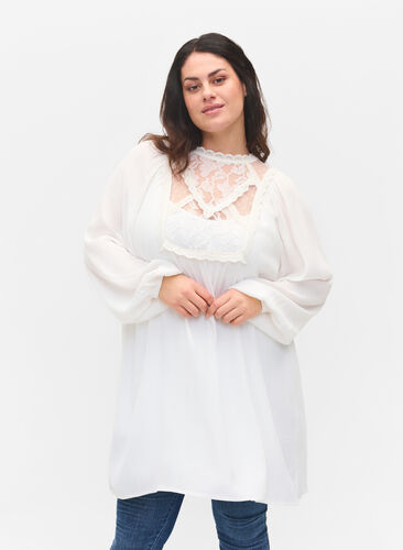 viscose tunic with lace details, Off White, Model image number 0