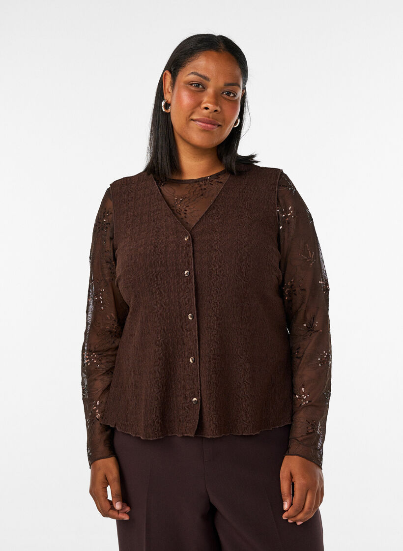 Sleeveless top with a wavy texture and button fastening, Brown, Model image number 0