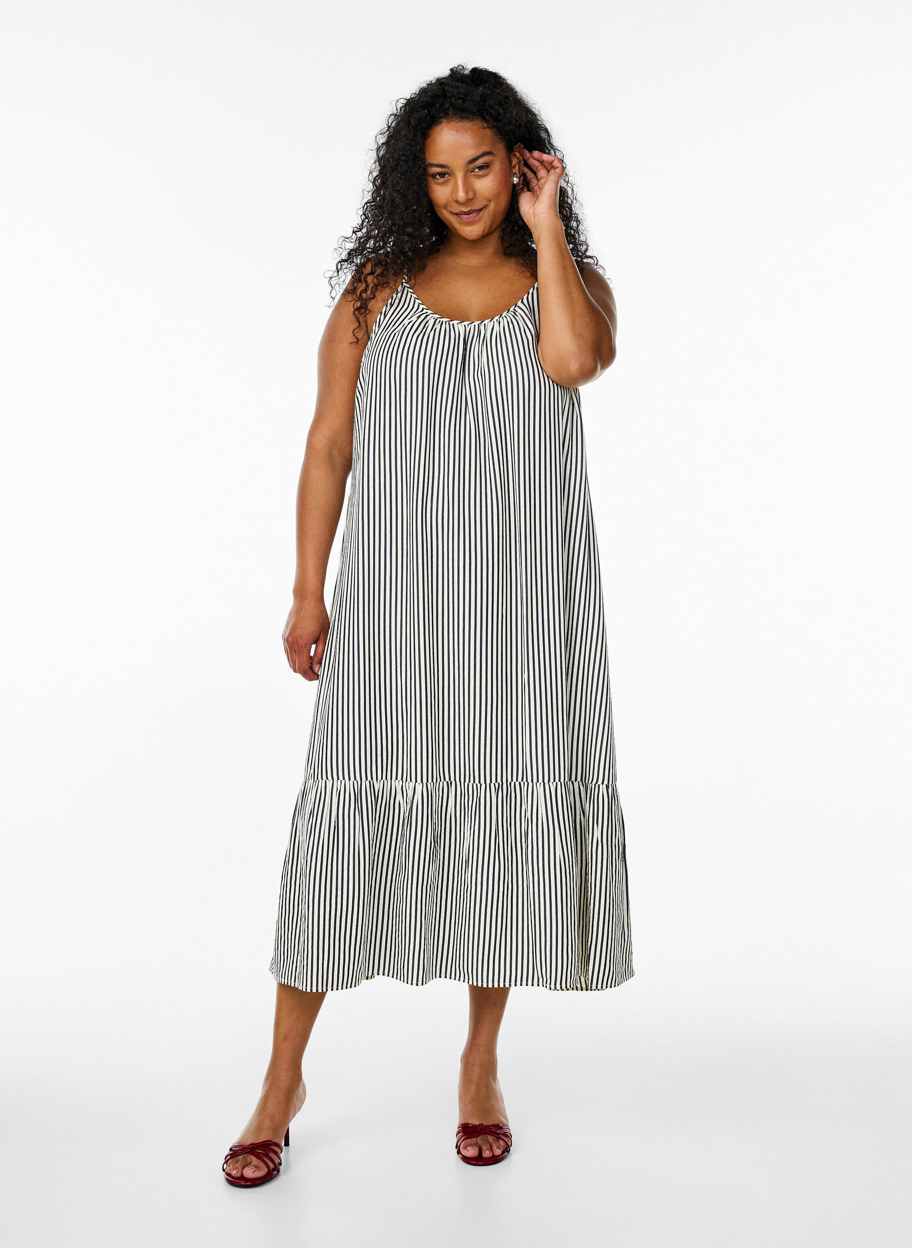 Summer dress with stripes and A-line shape, Black, Model