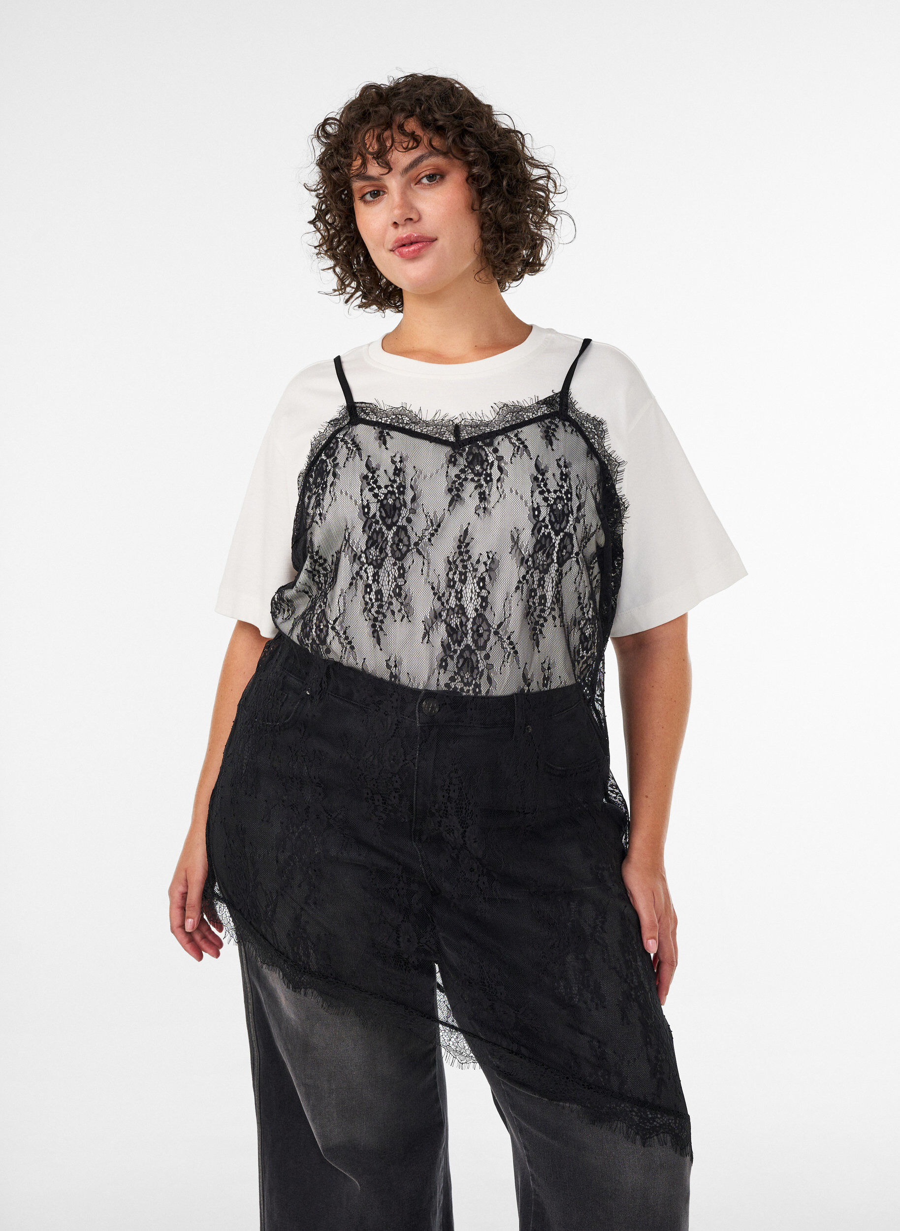 Lace dress with asymmetric cut, Black, Model
