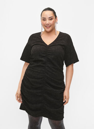 Short-sleeved dress with textured fabric and drapes, Black, Model image number 0
