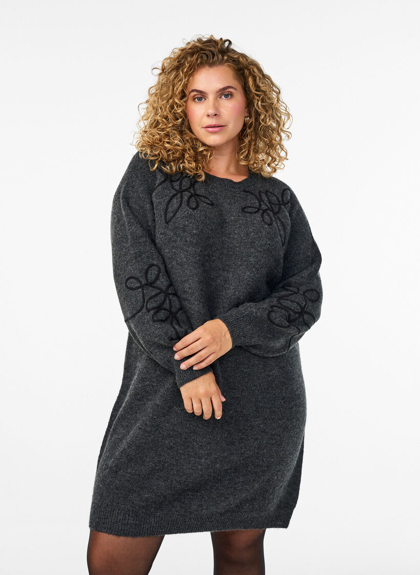 Short knitted dress with sewn-on cord details, Dark Grey, Model image number 1