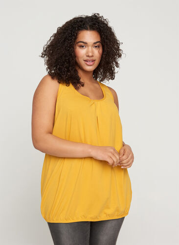 Cotton top with a round neck and lace trim, Mineral Yellow, Model image number 0