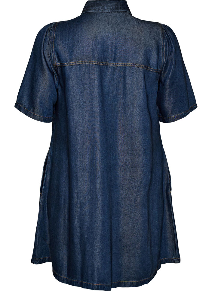 Denim dress in lyocell with buttons and short sleeves, Blue, Packshot image number 1
