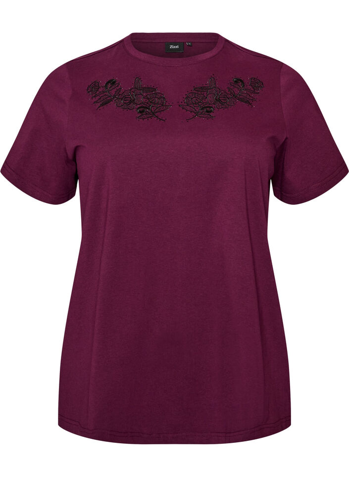 T-shirt with floral embroidery and rhinestones, Purple, Packshot image number 0